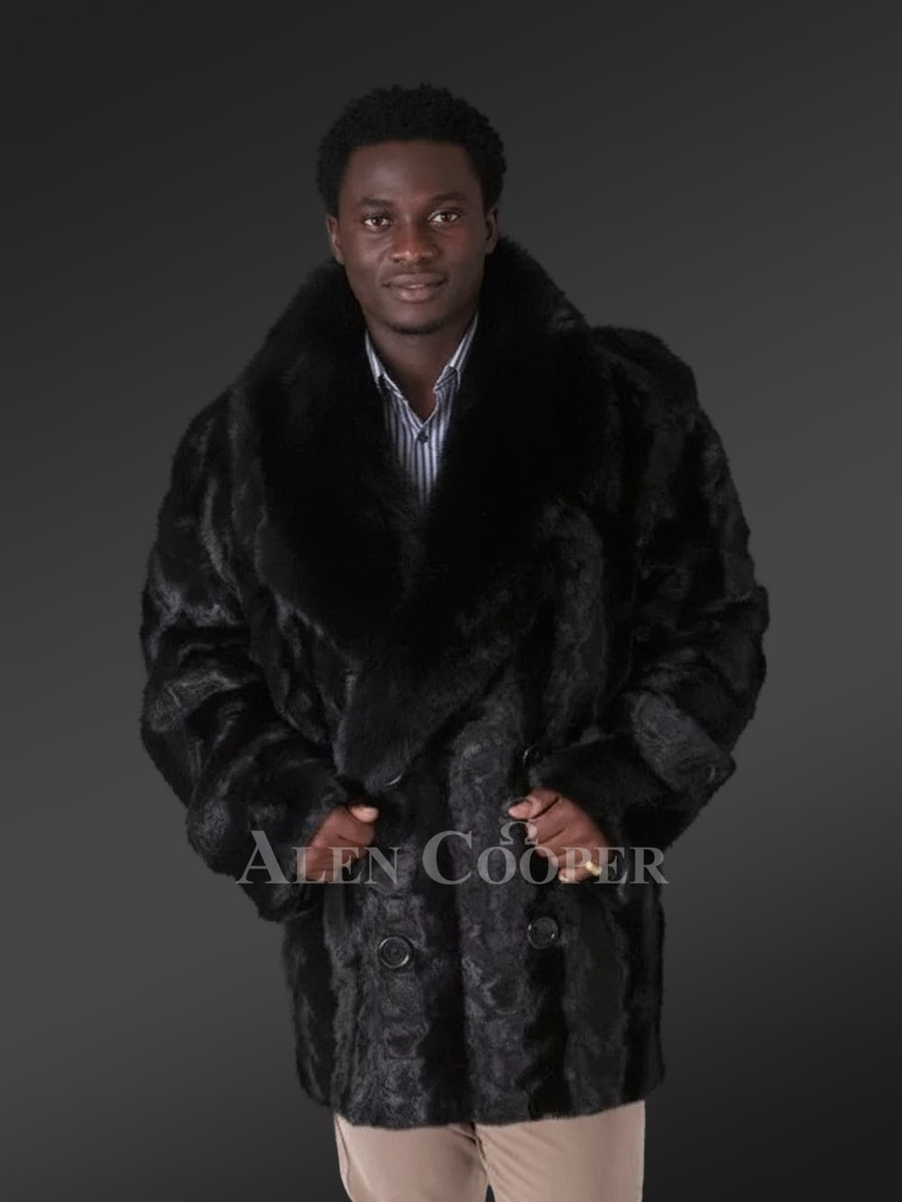 Mens Mink Pea Coat with Fox Fur Lapel – Classy Looks with Comfort