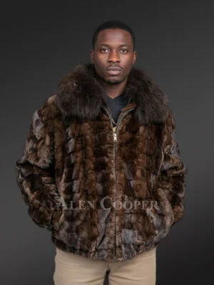 Men's Brown Mink Diamond Section Bomber Jacket with Fox Collar