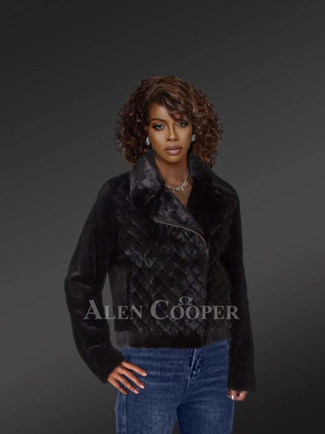 Women's Mink Biker Jacket with Diamond Pattern