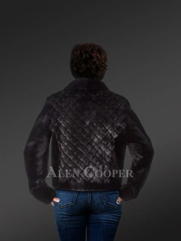 Women's Mink Biker Jacket with Diamond Pattern - Image 2