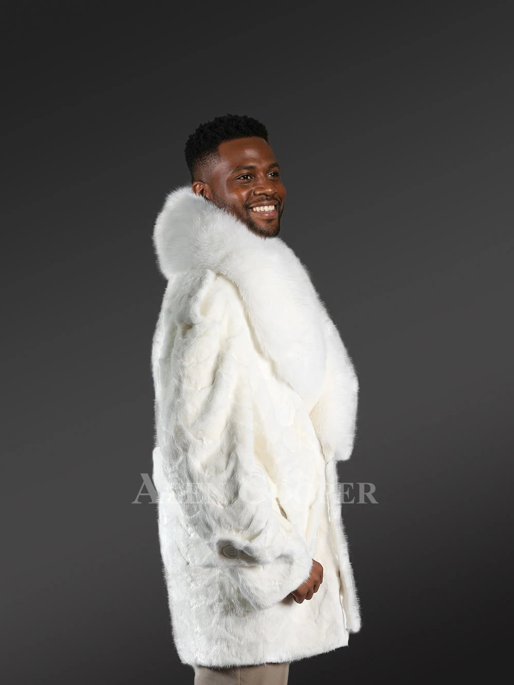 Mens Mink Pea Coat with Fox Fur Collar- A Classic Comfy Warm Wear - Image 3