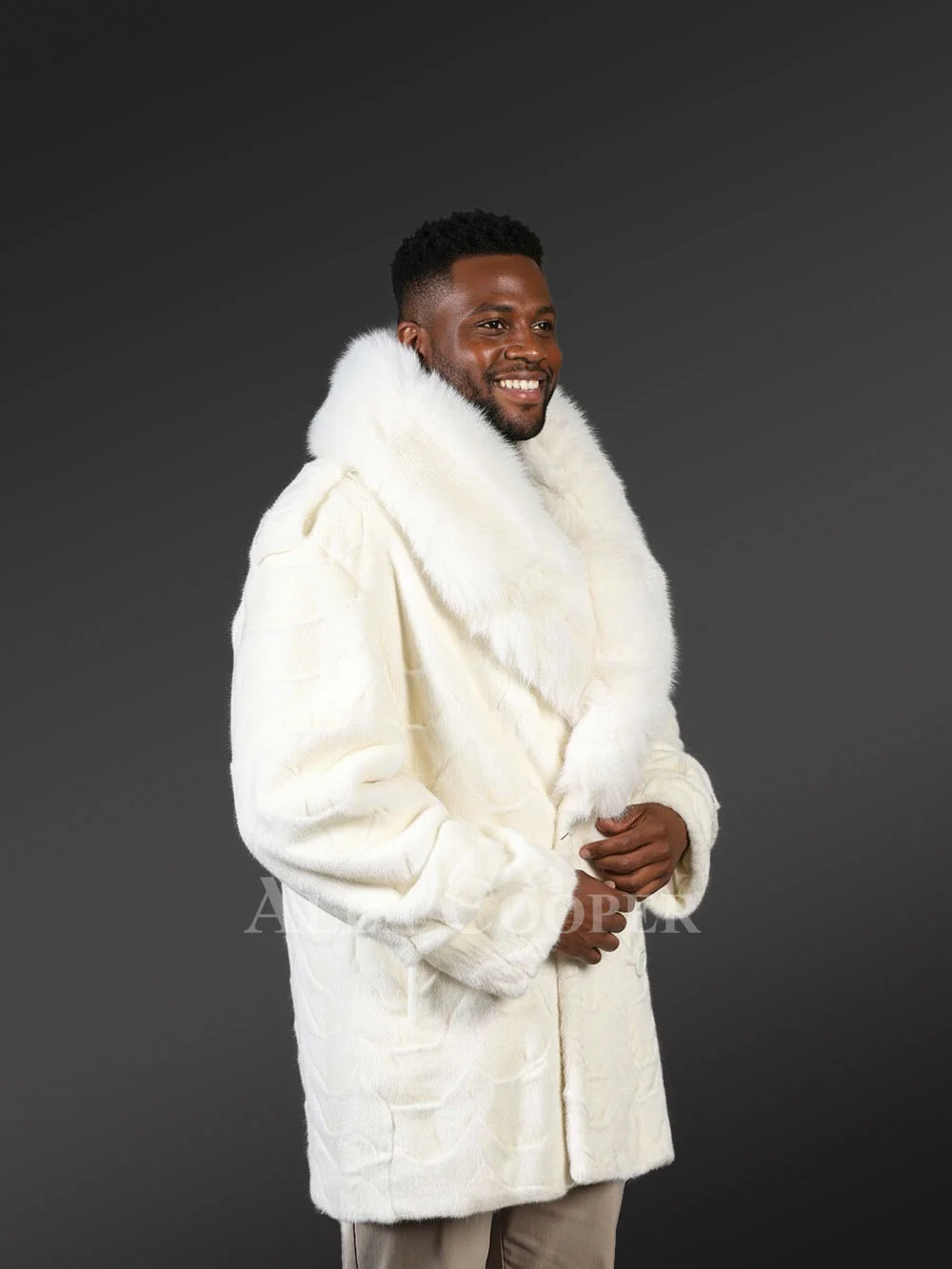 Mens Mink Pea Coat with Fox Fur Collar