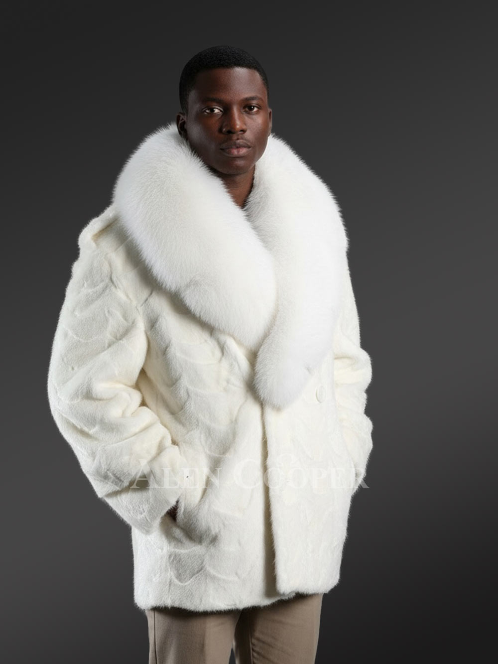 Mens Mink Pea Coat with Fox Fur Collar- A Classic Comfy Warm Wear