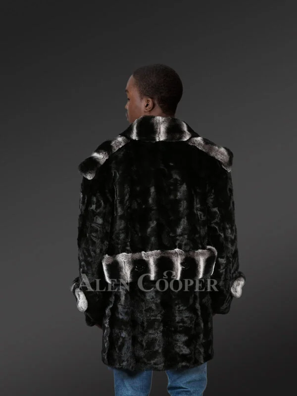 Mens stylish black mink coat with modish lapel of Rex Rabbit fur - Image 3