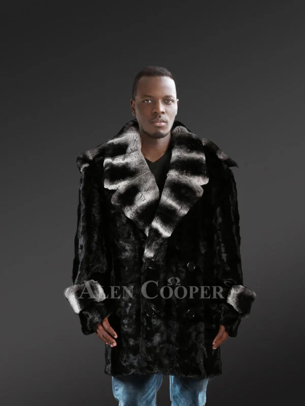 Mens stylish black mink coat with modish lapel of Rex Rabbit fur