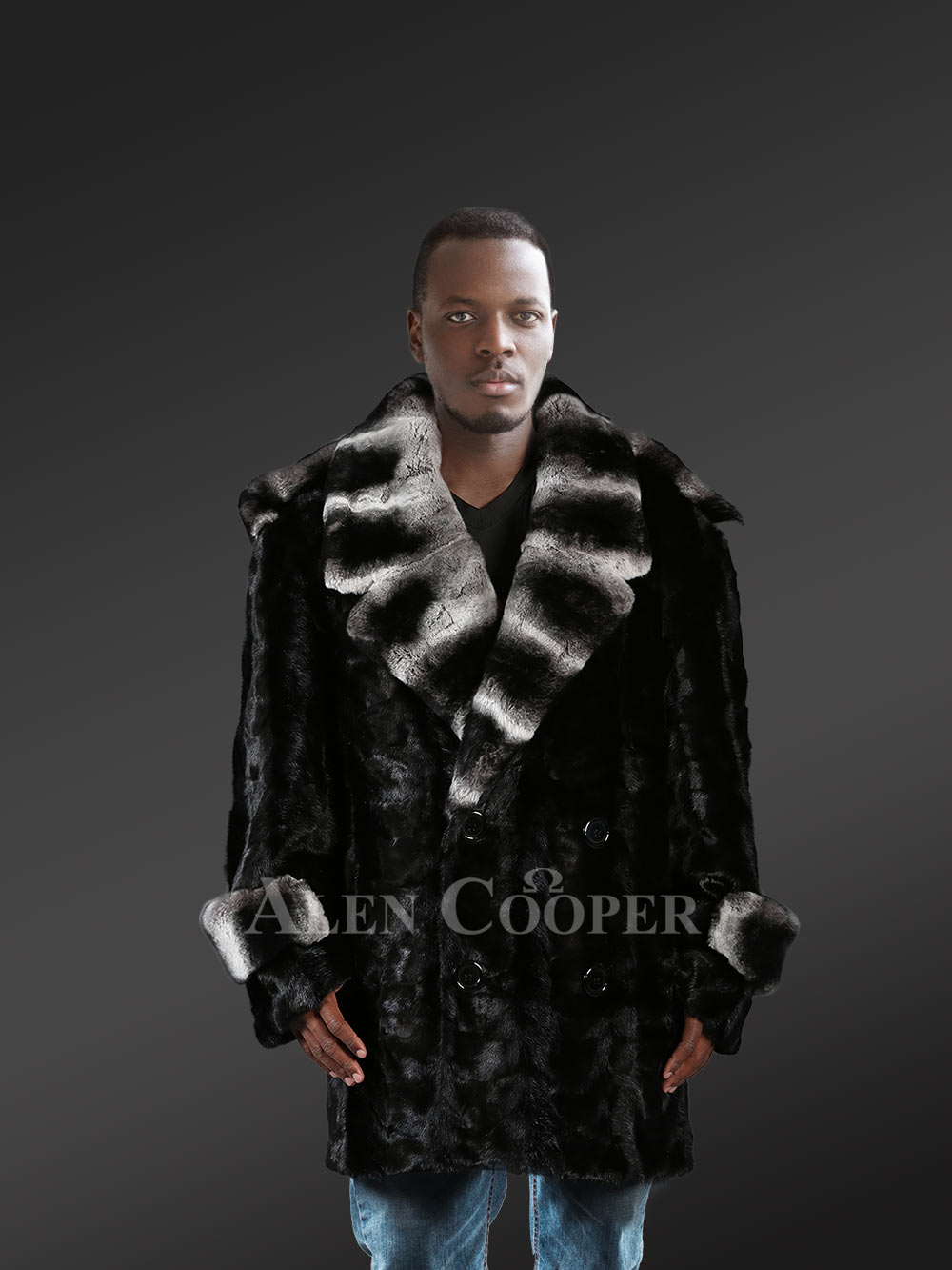 Mens stylish black mink coat with modish lapel of Rex Rabbit fur