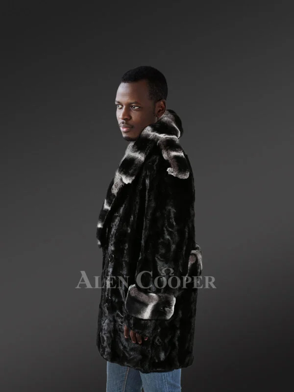 Mens stylish black mink coat with modish lapel of Rex Rabbit fur - Image 2