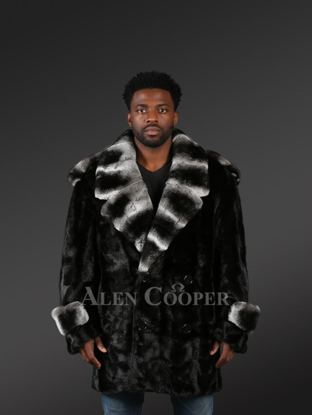 Mens stylish black mink coat with modish lapel of Rex Rabbit fur