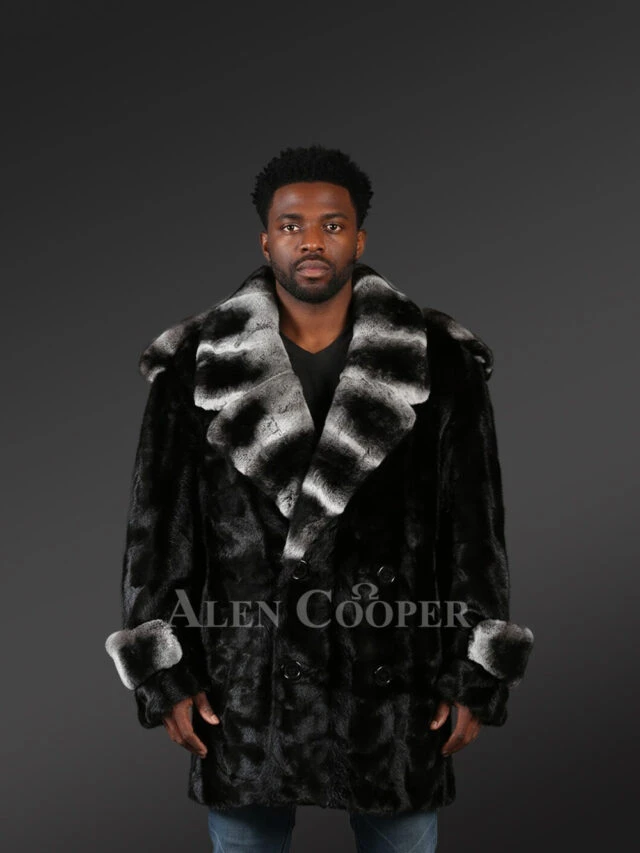 Mens stylish black mink coat with modish lapel of Rex Rabbit fur