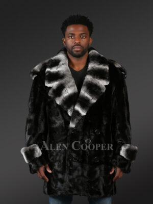 Mens stylish black mink coat with modish lapel of Rex Rabbit fur