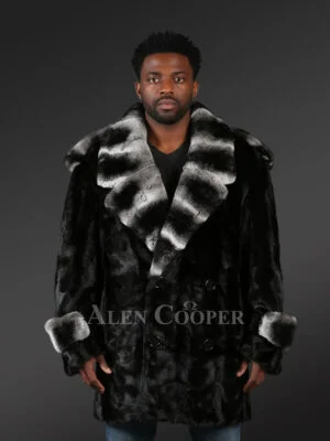 Mens stylish black mink coat with modish lapel of Rex Rabbit fur