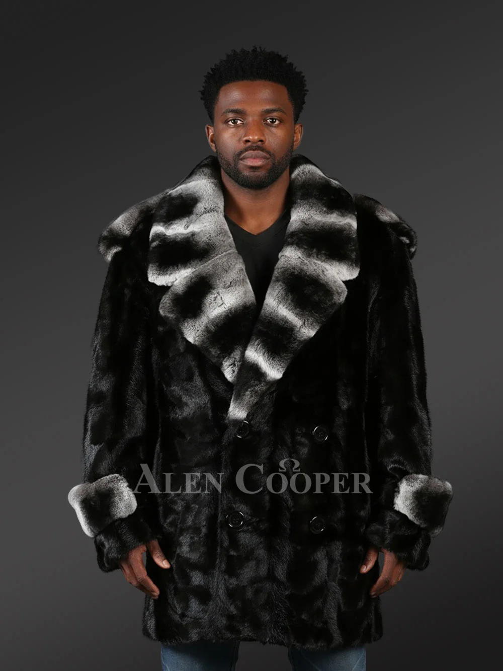 Mens stylish black mink coat with modish lapel of Rex Rabbit fur
