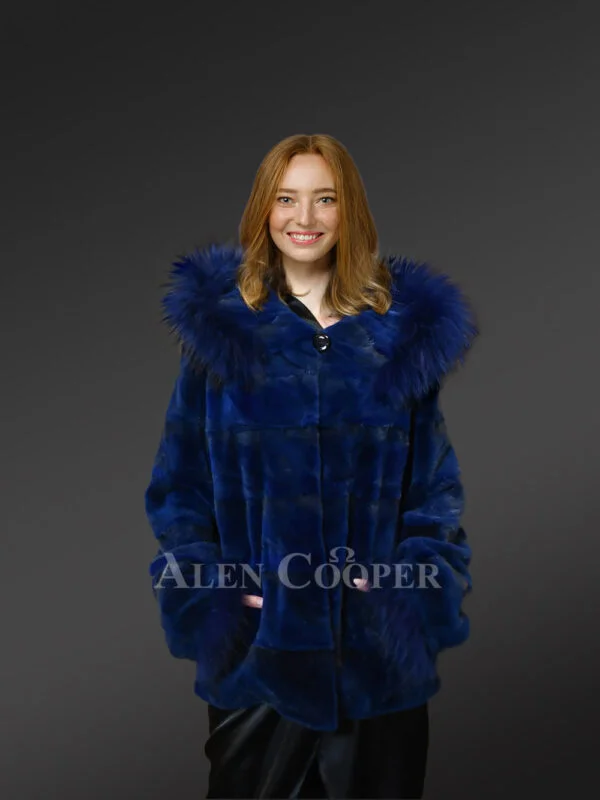 Womens Mink Blue Coat with Fox Fur brings Unparallel Charm and Warmth