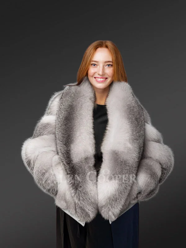 Womens Blue Fox Fur Coat with Shawl Collar– Fashion-Forward Outfit for Winter - Image 3