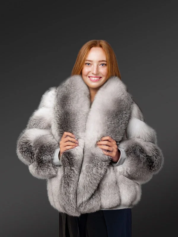 Womens Blue Fox Fur Coat with Shawl Collar– Fashion-Forward Outfit for Winter - Image 2