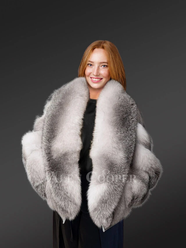 Womens Blue Fox Fur Coat with Shawl Collar