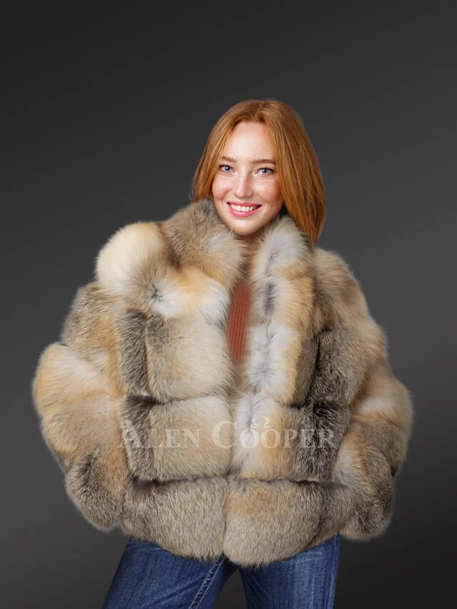 Womens Golden Fox Fur Short Jacket – Fashion-Forward Outfit for Winter