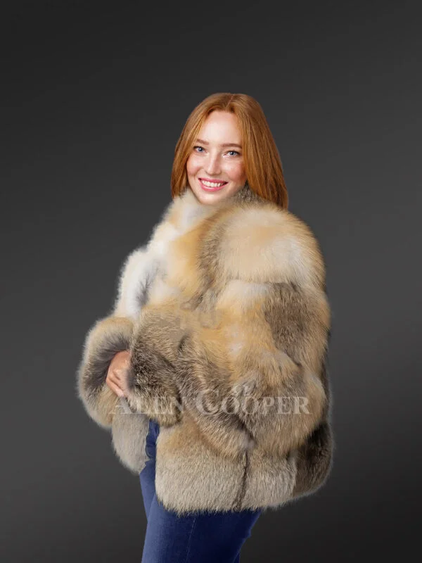 Womens Golden Fox Fur Short Jacket – Fashion-Forward Outfit for Winter - Image 4