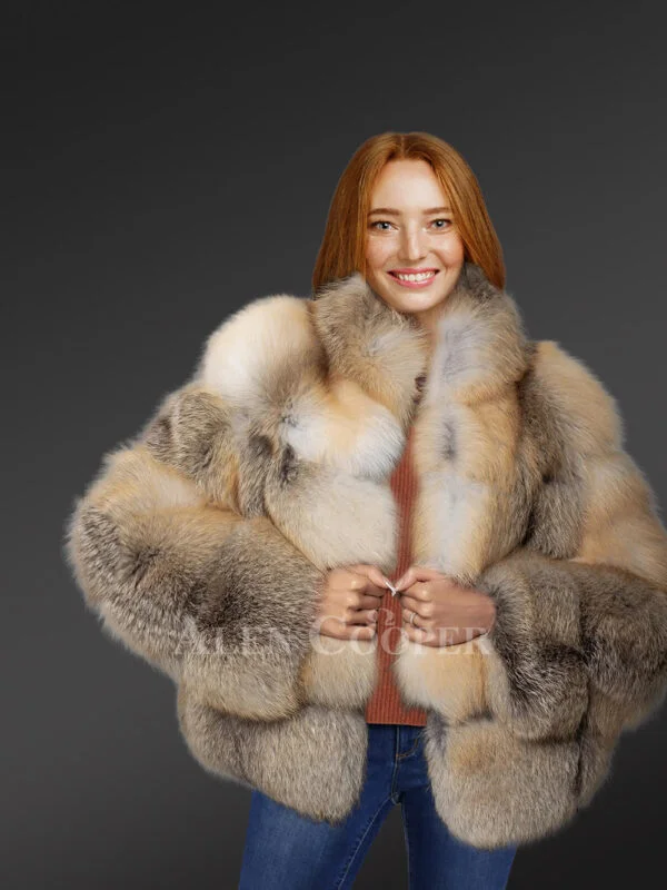 Womens Golden Fox Fur Short Jacket – Fashion-Forward Outfit for Winter - Image 3