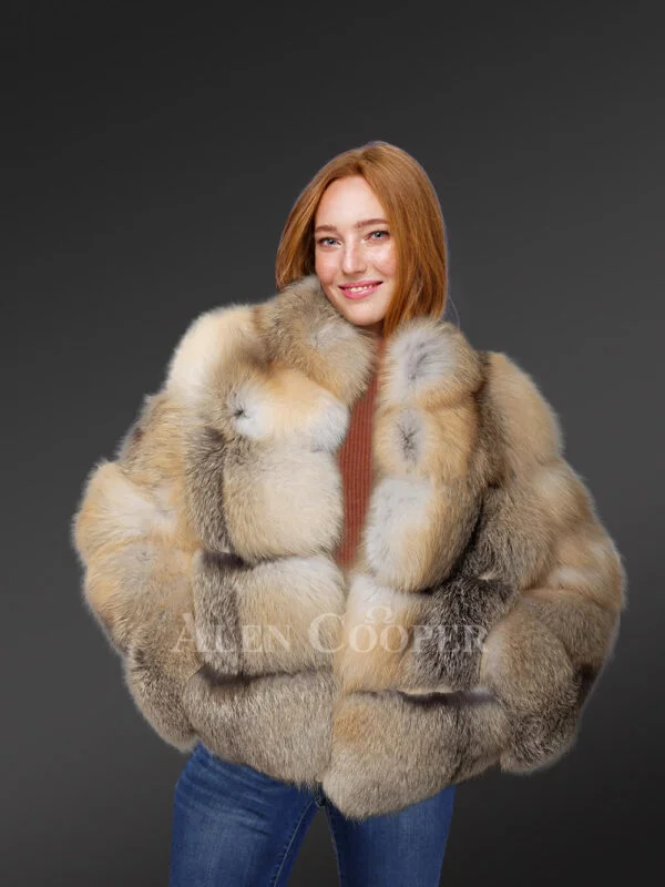 Womens Golden Fox Fur Short Jacket – Fashion-Forward Outfit for Winter - Image 2