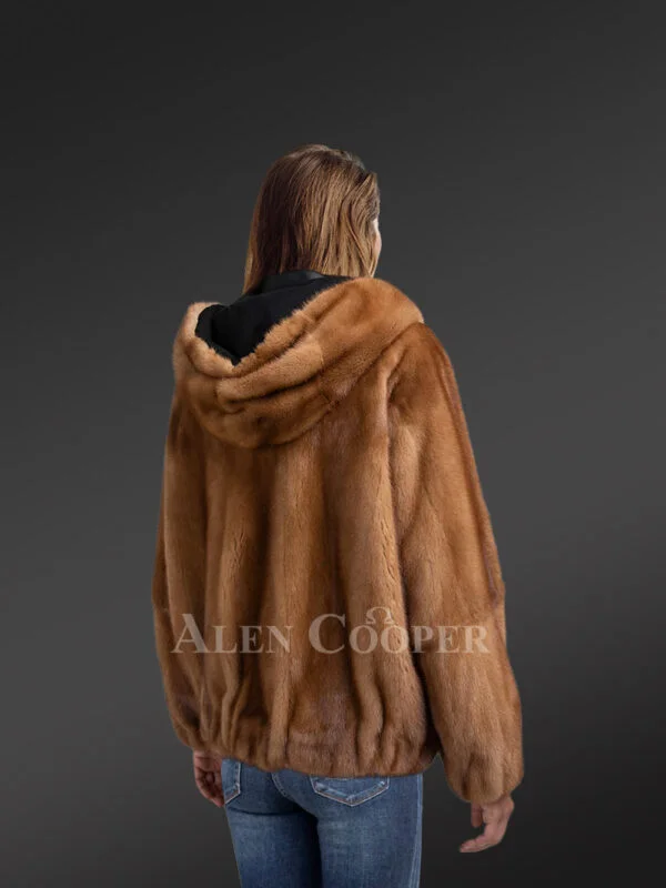 Reversible Mink Fur Bomber Jacket with Hood for Women - Image 3