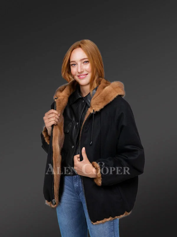 Reversible Mink Fur Bomber Jacket with Hood for Women - Image 2