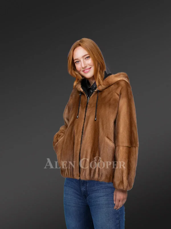 Reversible Mink Fur Bomber Jacket with Hood for Women - Image 4