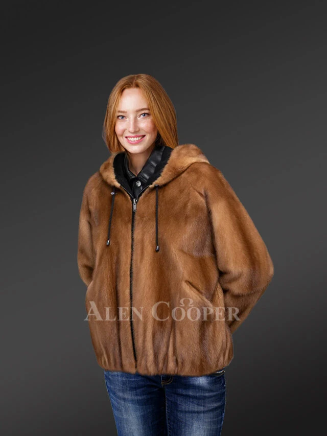Reversible Mink Fur Bomber Jacket with Hood for Women