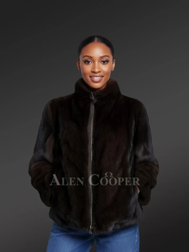 Womens Brown Mink Bomber – Chic Looks with Comforting Touch of Mink Fur