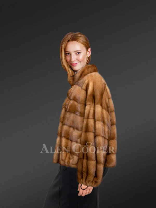 Women Turtle Neck Mink Bomber with Comfy Sleeves - Image 4