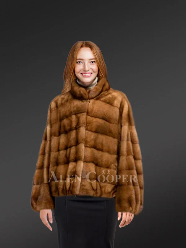 Women Turtle Neck Mink Bomber with Comfy Sleeves - Image 3