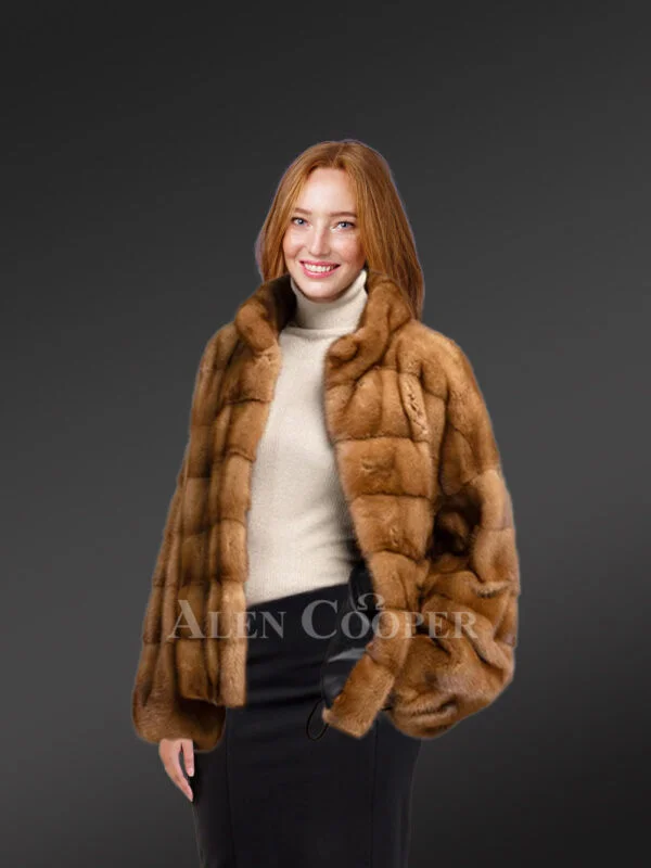 Women Turtle Neck Mink Bomber with Comfy Sleeves - Image 2