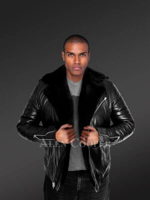 Biker Leather Jacket with Sheepskin Frontline