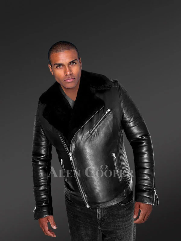 Men’s Biker Leather Jacket with Sheepskin Frontline - Image 6
