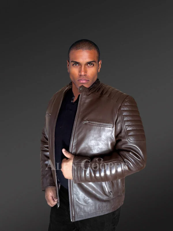 Brown Leather Jacket with Zippers Stylizing Men with Utmost Comfort - Image 4