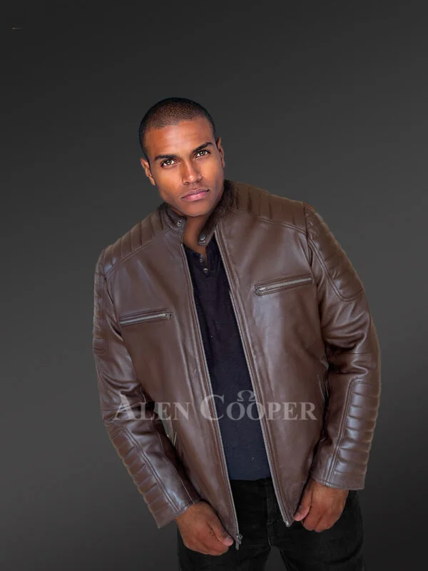 Brown Leather Jacket with Zippers Stylizing Men with Utmost Comfort - Image 5