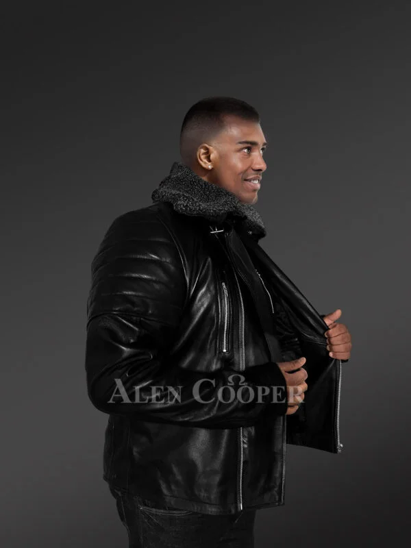 Leather Jacket for Fashionable Men with Removable Shearling Collar - Image 9