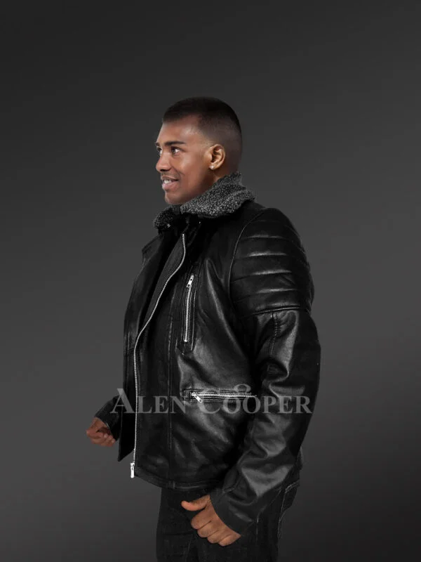 Leather Jacket for Fashionable Men with Removable Shearling Collar - Image 3