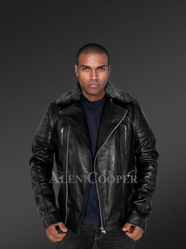 Leather Jacket for Fashionable Men with Removable Shearling Collar - Image 5