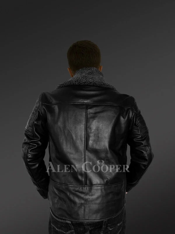Leather Jacket for Fashionable Men with Removable Shearling Collar - Image 6