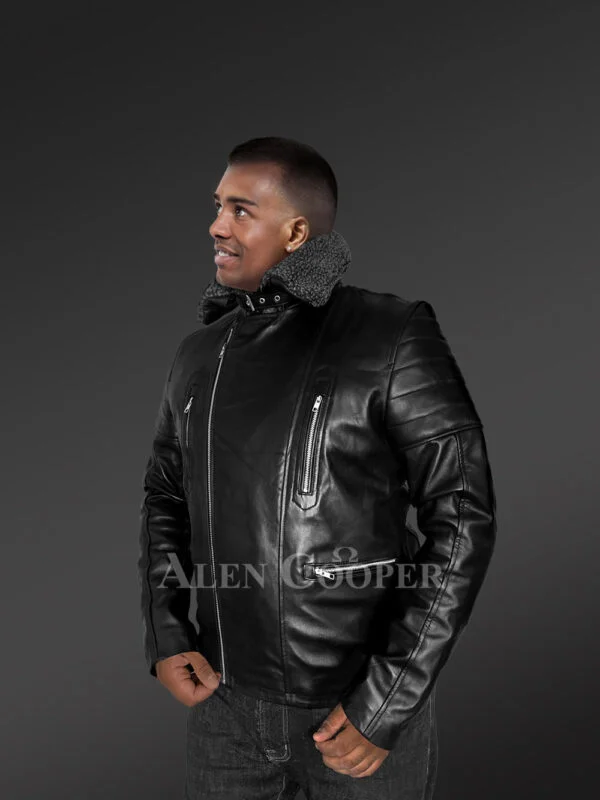 Leather Jacket for Fashionable Men with Removable Shearling Collar - Image 4
