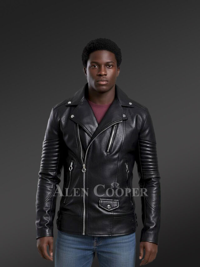 Leather Biker Jacket with Quilt Details on Sleeves Exudes Rugged Charm