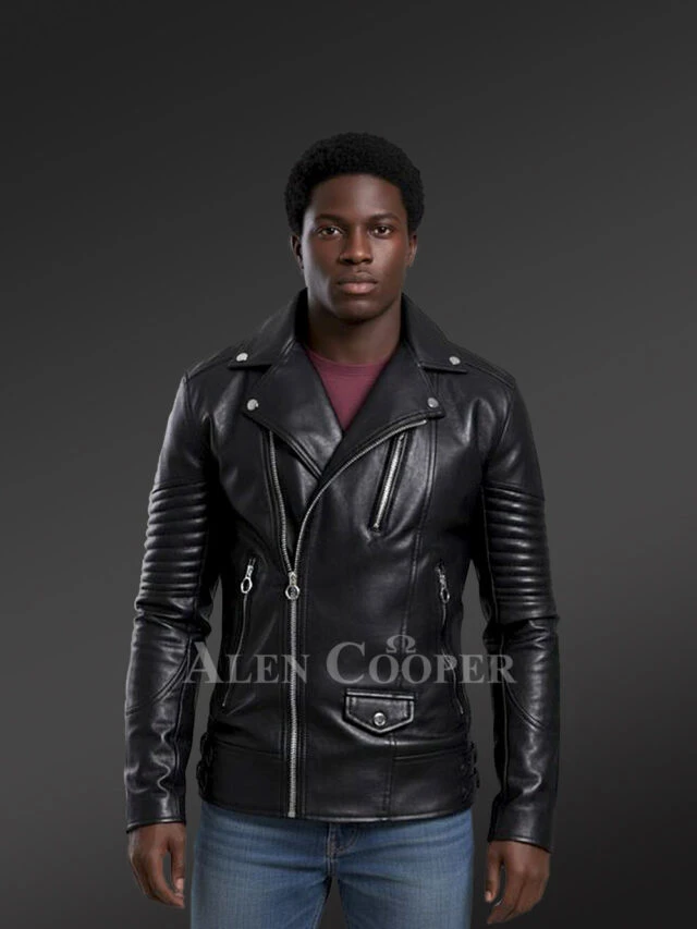 Leather Biker Jacket with Quilt Details on Sleeves Exudes Rugged Charm