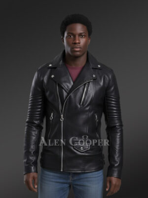 Leather Biker Jacket with Quilt Details on Sleeves Exudes Rugged Charm