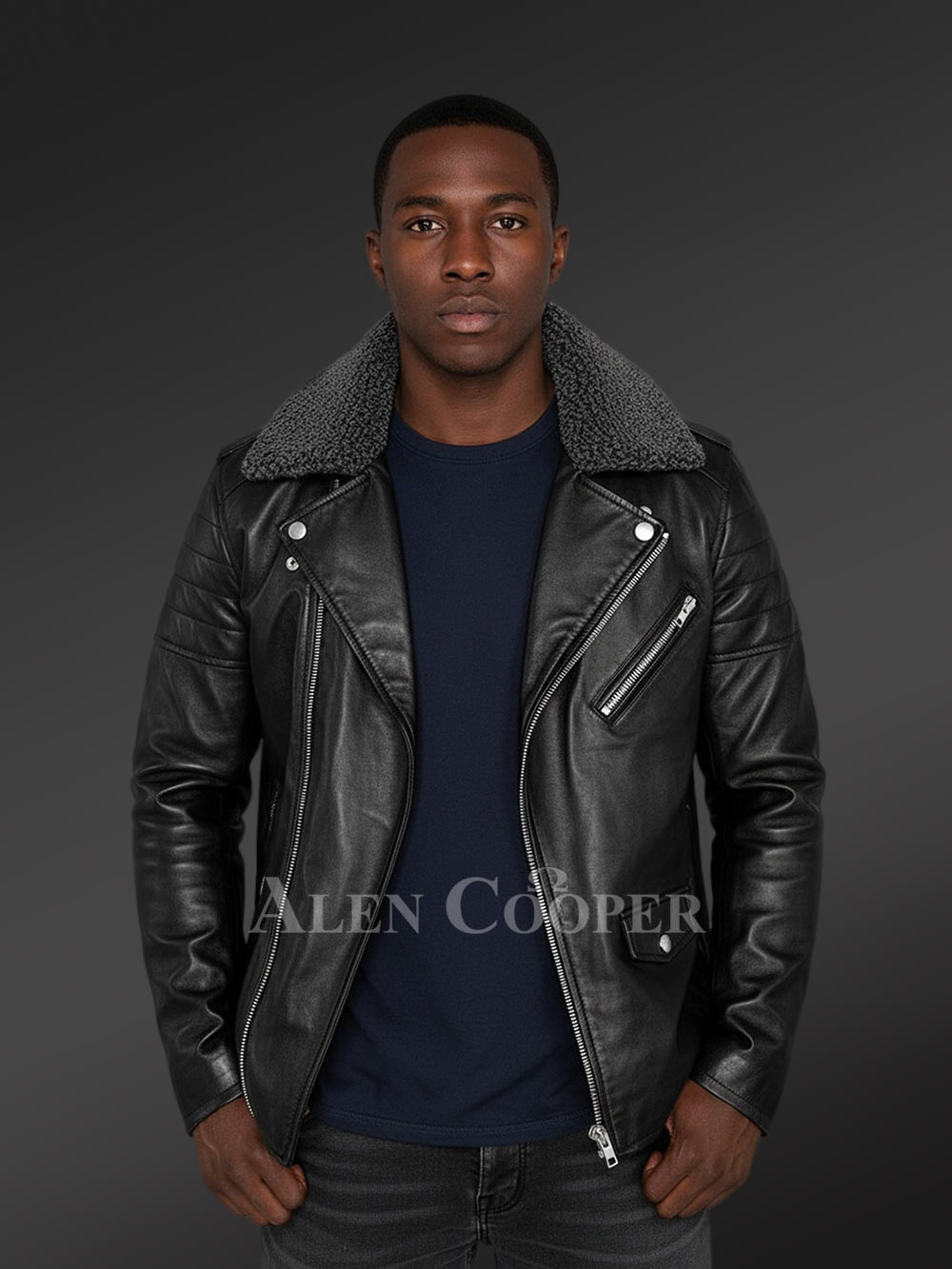 Leather Jacket for Fashionable Men with Removable Shearling Collar