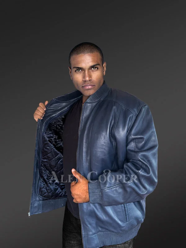 Mens Leather Bomber Jacket in Navy Blue Shade for High-Fashion Looks - Image 3