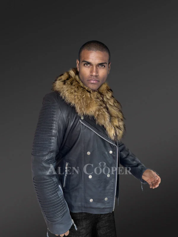 Mens Biker Jacket with Raccoon Collar Exuding Regal Warmth and Comfort - Image 3