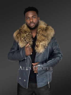 Mens Biker Jacket with Raccoon Collar Exuding Regal Warmth and Comfort