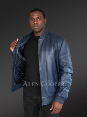 Mens Leather Bomber Jacket in Navy Blue Shade for High-Fashion Looks