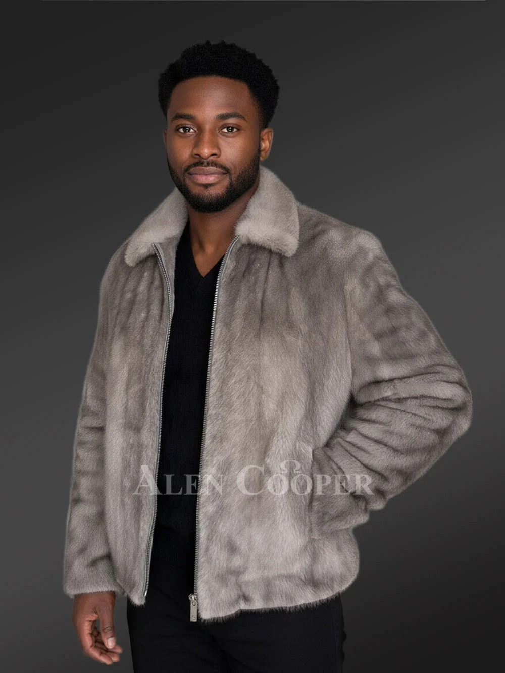 Mens Blue Iris Mink Bomber Jacket
